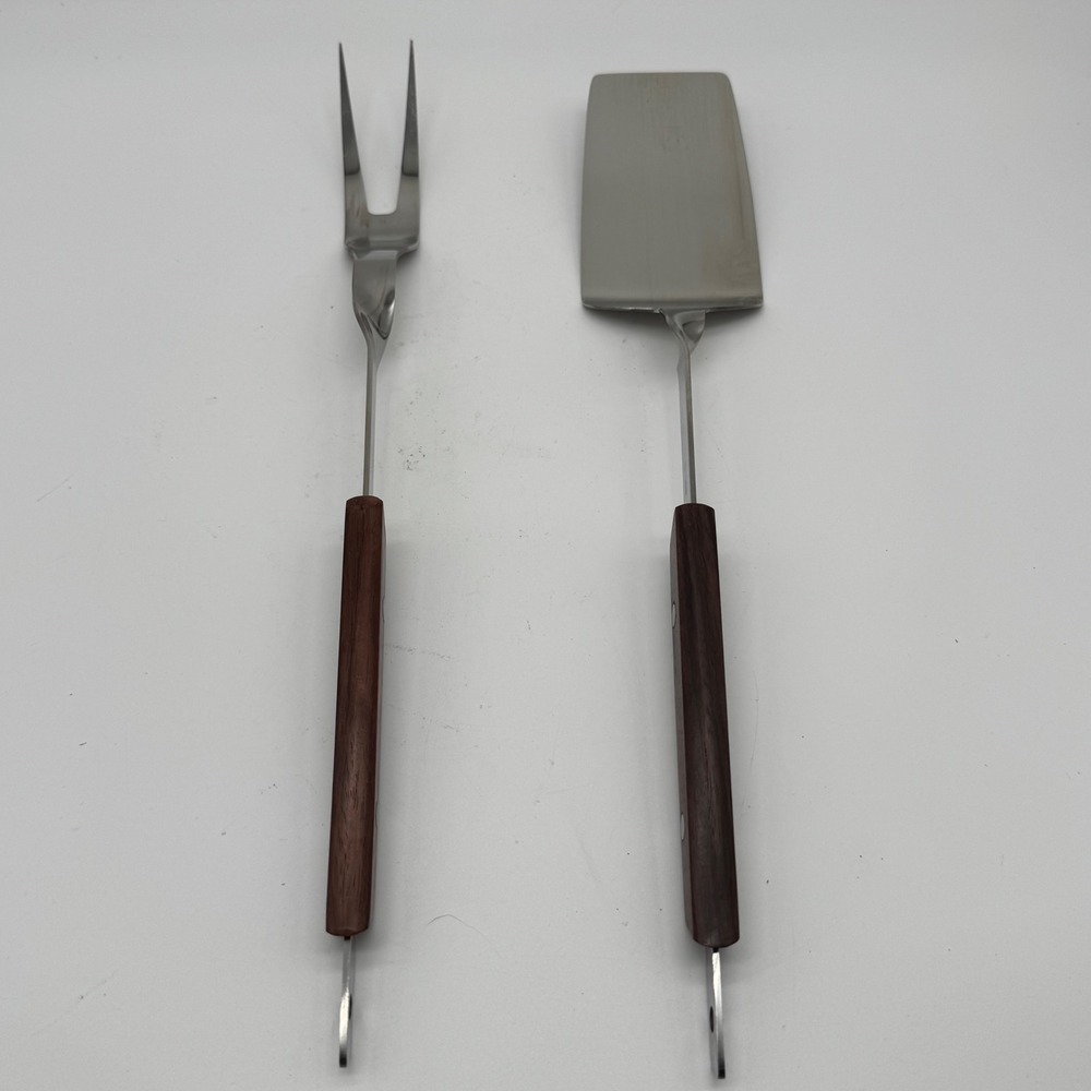 Vintage A.S. Stainless Japan BBQ Tool Set Long Wood Handle Spatula Fork 1960s